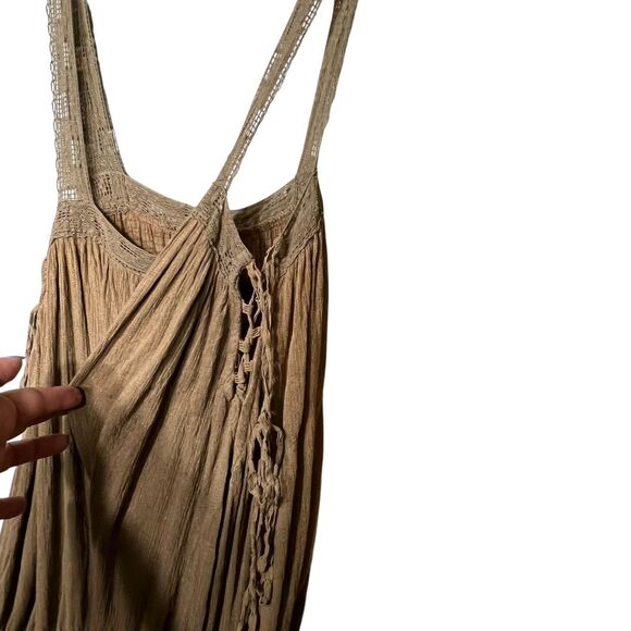 Free People Top Womens Small Green Boho Babydoll Tunic Tank Crinkle Lace Trim - Picture 10 of 13